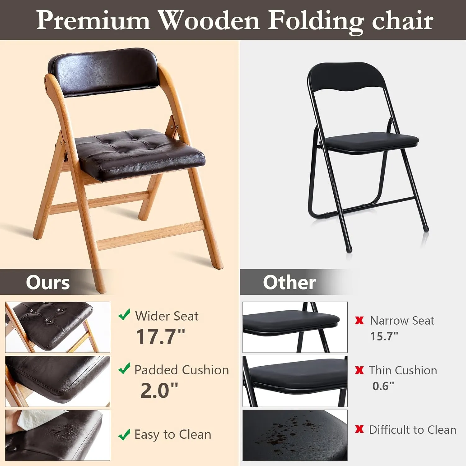 Folding Chairs with Padded Seats, Wooden Folding Chairs Set of 2, 31" Stackable Folding Dining Chairs, Folding Extra Chair for Guests Kitchen, Bedroom, Living Room, Party Chairs, Wood Brown