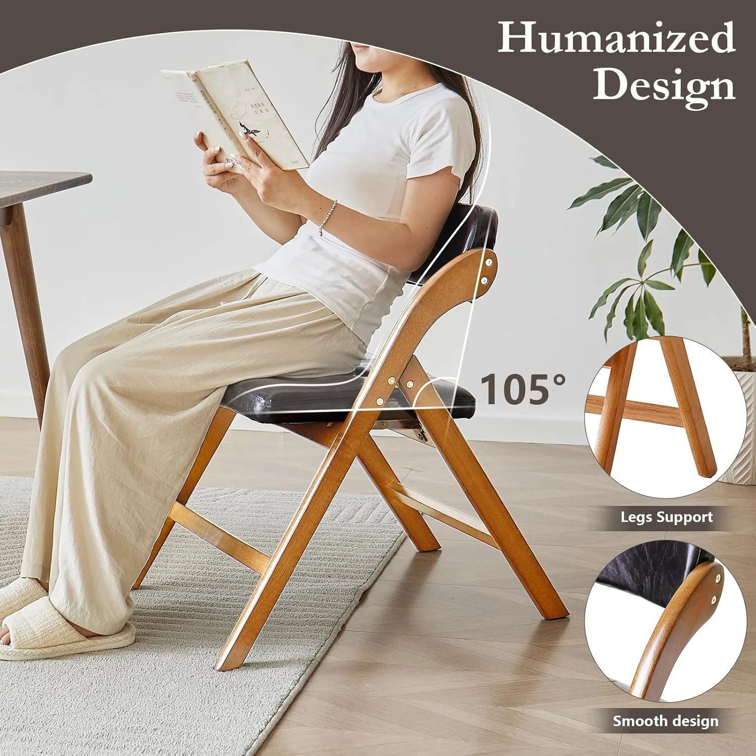 Folding Chairs with Padded Seats, Wooden Folding Chairs Set of 2, 31" Stackable Folding Dining Chairs, Folding Extra Chair for Guests Kitchen, Bedroom, Living Room, Party Chairs, Wood Brown
