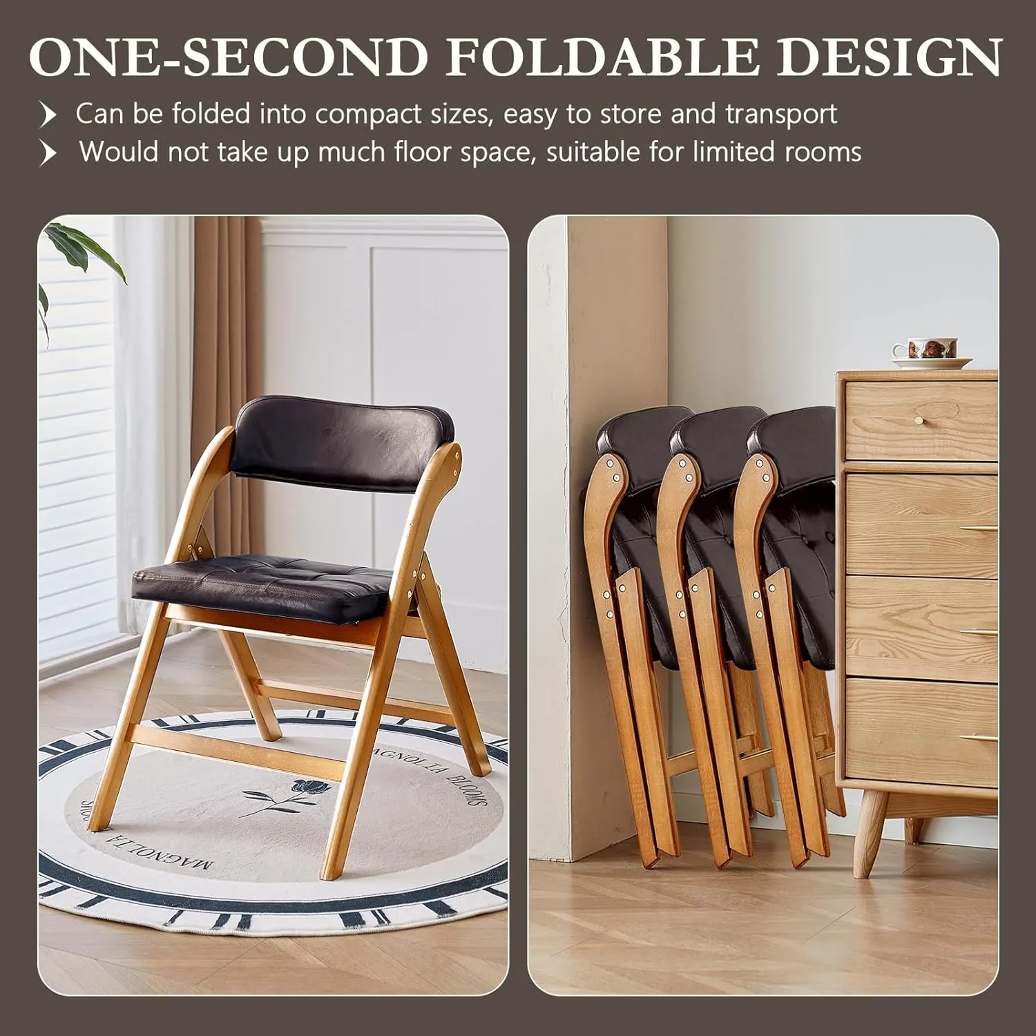 Folding Chairs with Padded Seats, Wooden Folding Chairs Set of 2, 31" Stackable Folding Dining Chairs, Folding Extra Chair for Guests Kitchen, Bedroom, Living Room, Party Chairs, Wood Brown