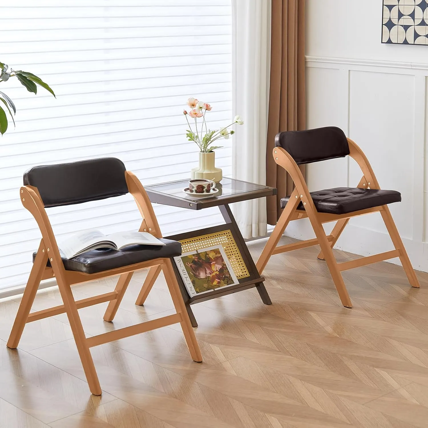 Folding Chairs with Padded Seats, Wooden Folding Chairs Set of 2, 31" Stackable Folding Dining Chairs, Folding Extra Chair for Guests Kitchen, Bedroom, Living Room, Party Chairs, Wood Brown