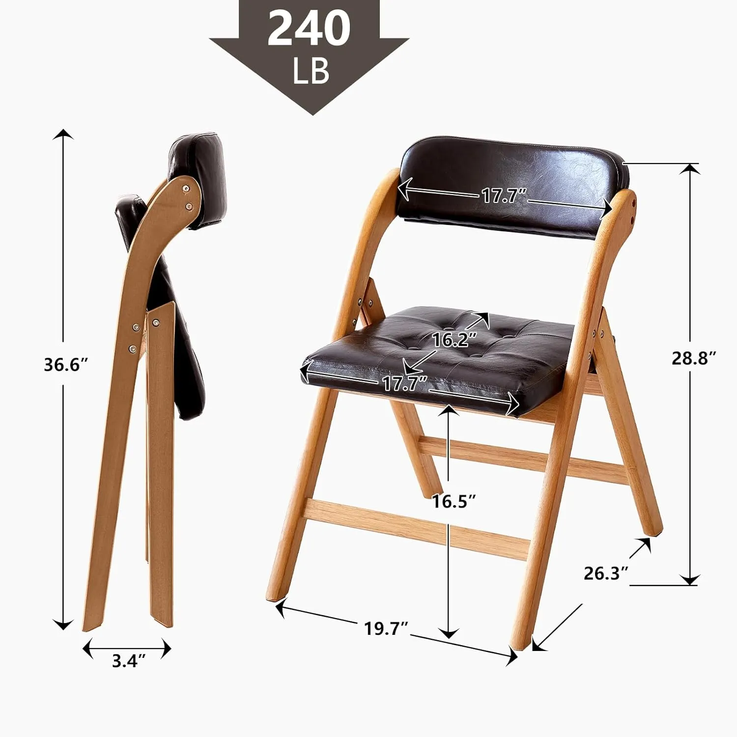 Folding Chairs with Padded Seats, Wooden Folding Chairs Set of 2, 31" Stackable Folding Dining Chairs, Folding Extra Chair for Guests Kitchen, Bedroom, Living Room, Party Chairs, Wood Brown