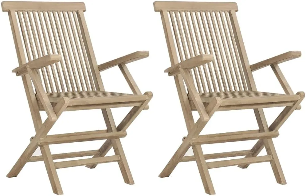 Folding Patio Chairs 2 pcs Gray 22" x 24" x 35" Solid Teak Wood Outdoor Chairs Comfortable Lounge Accent Chairs for Garden, Patio, and Beach