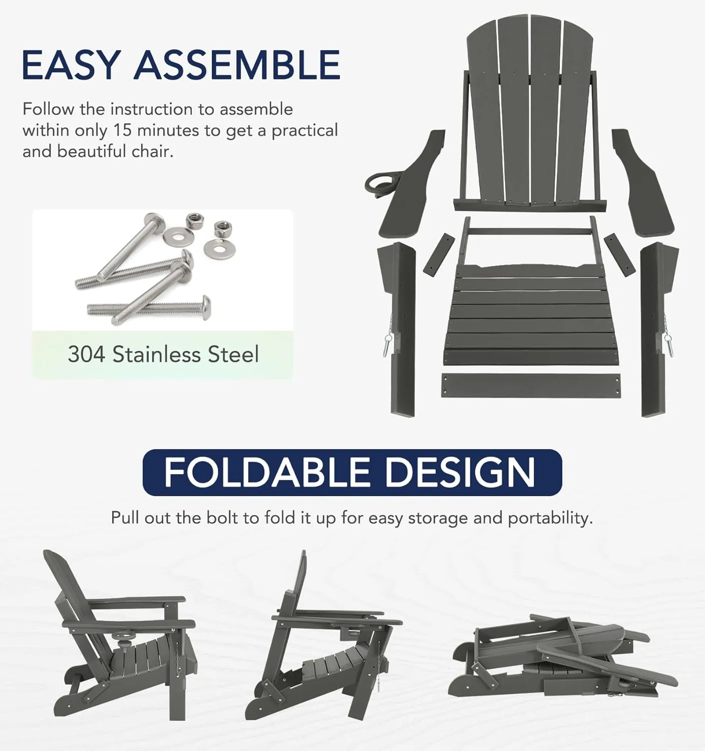Folding Plastic Adirondack Chair - Outdoor Weather Resistant Adirondack Chairs with Cup Holder, Stackable Seating for Patio, Porch, Deck, Pool, Garden, Backyard (Seat Width 20", Dark Gray)