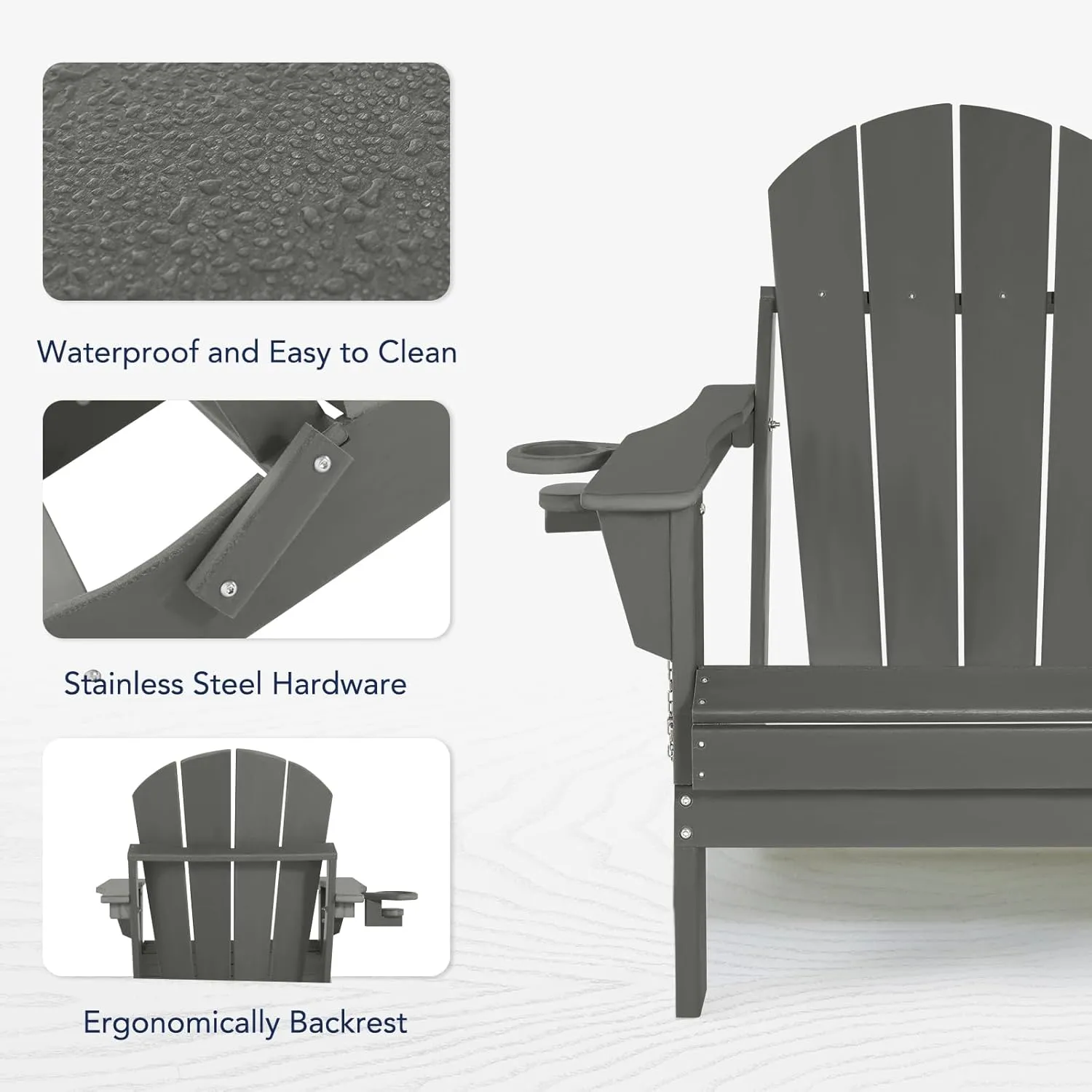 Folding Plastic Adirondack Chair - Outdoor Weather Resistant Adirondack Chairs with Cup Holder, Stackable Seating for Patio, Porch, Deck, Pool, Garden, Backyard (Seat Width 20", Dark Gray)