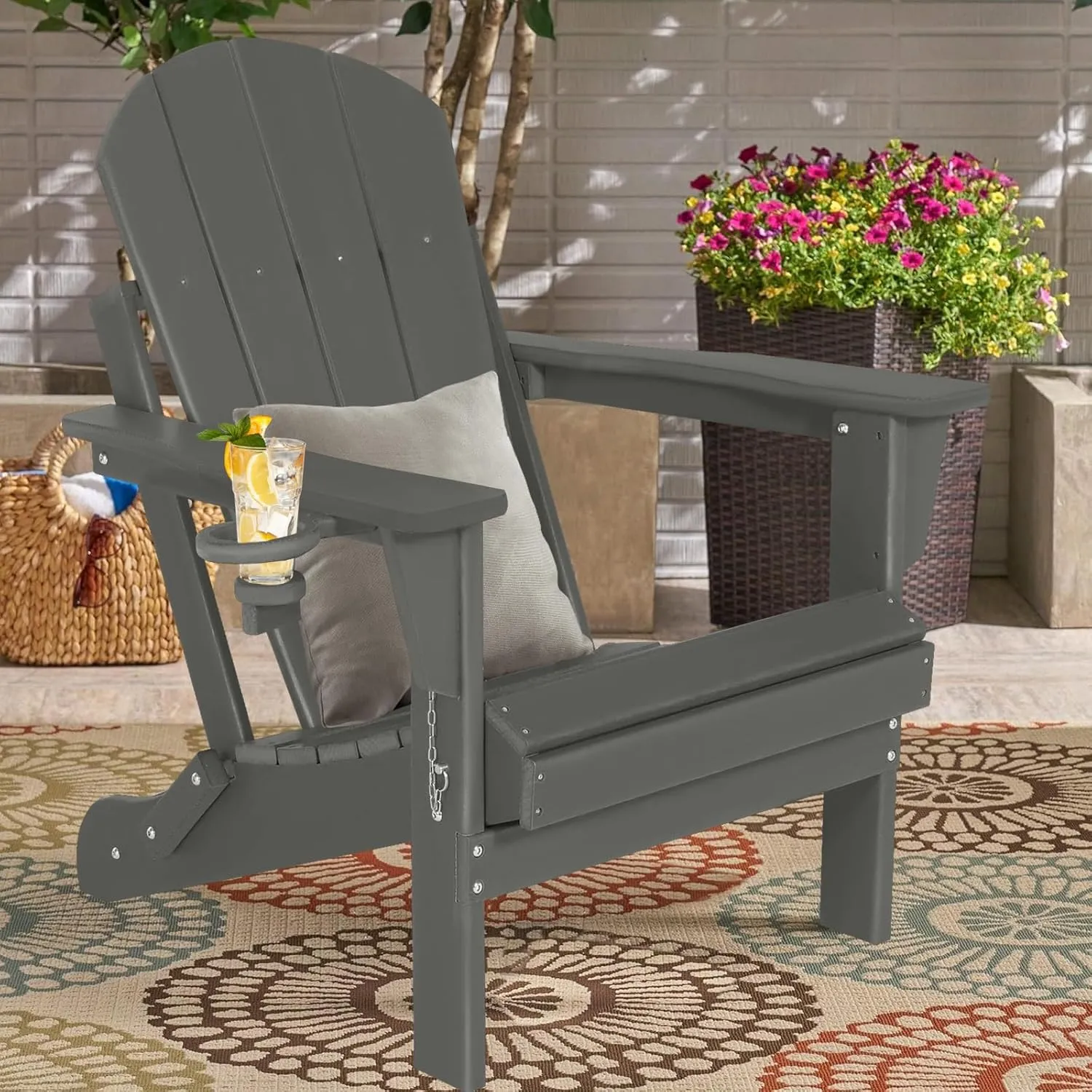 Folding Plastic Adirondack Chair - Outdoor Weather Resistant Adirondack Chairs with Cup Holder, Stackable Seating for Patio, Porch, Deck, Pool, Garden, Backyard (Seat Width 20", Dark Gray)