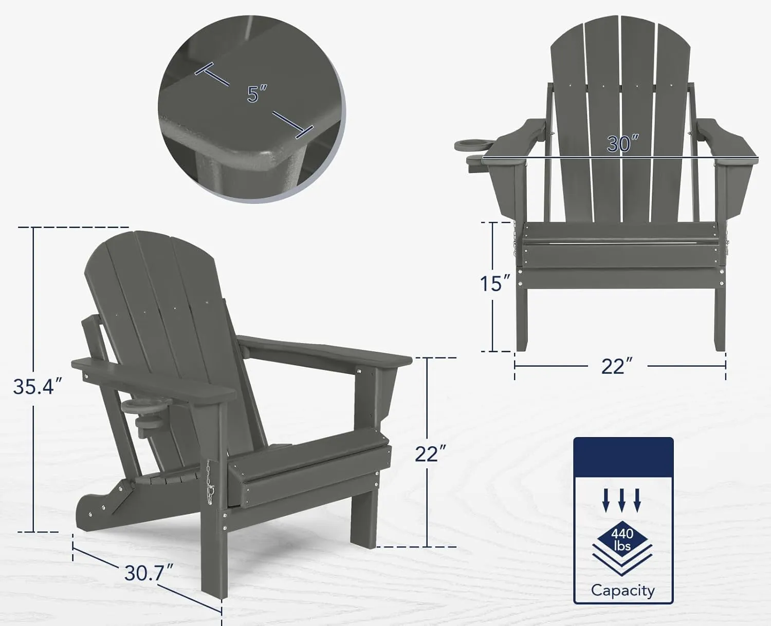 Folding Plastic Adirondack Chair - Outdoor Weather Resistant Adirondack Chairs with Cup Holder, Stackable Seating for Patio, Porch, Deck, Pool, Garden, Backyard (Seat Width 20", Dark Gray)