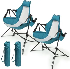 Folding Portable Rocking Hammock Camping Chair, Adjustable Backrest with Pillow and Cup Holder, Outdoor Relaxation, Blue (Set of 2)