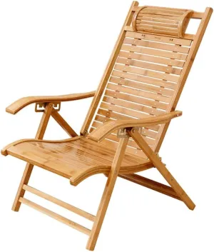 Folding Recliner Bamboo Garden Sun Lounger Lounge Chair Balcony Siesta Outdoor Wooden Patio with Adjustable Headrest Portable Leisure Deck