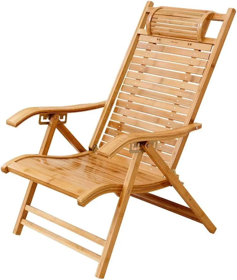 Folding Recliner Bamboo Garden Sun Lounger Lounge Chair Balcony Siesta Outdoor Wooden Patio with Adjustable Headrest Portable Leisure Deck