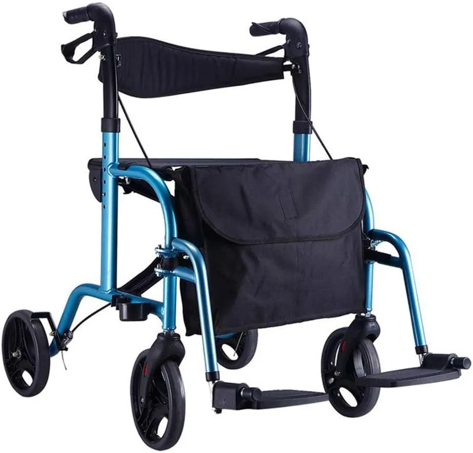 Folding Rollator 4 Wheels Walker Rollator Adjustable Height Adult Folding Transport Chair, Reversible Backrest, Detachable Footrests and Detachable Storage Bag for Elderly