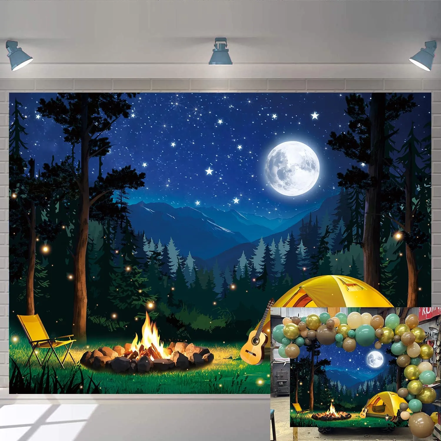 Forest Scene Camping Backdrop Night Campfire Tent Camping Adventure Photography Background for Children Adults Baby Shower Camper Party Decoration Banner Photo Props (8x6FT: 96x72 inch)