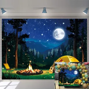 Forest Scene Camping Backdrop Night Campfire Tent Camping Adventure Photography Background for Children Adults Baby Shower Camper Party Decoration Banner Photo Props (8x6FT: 96x72 inch)