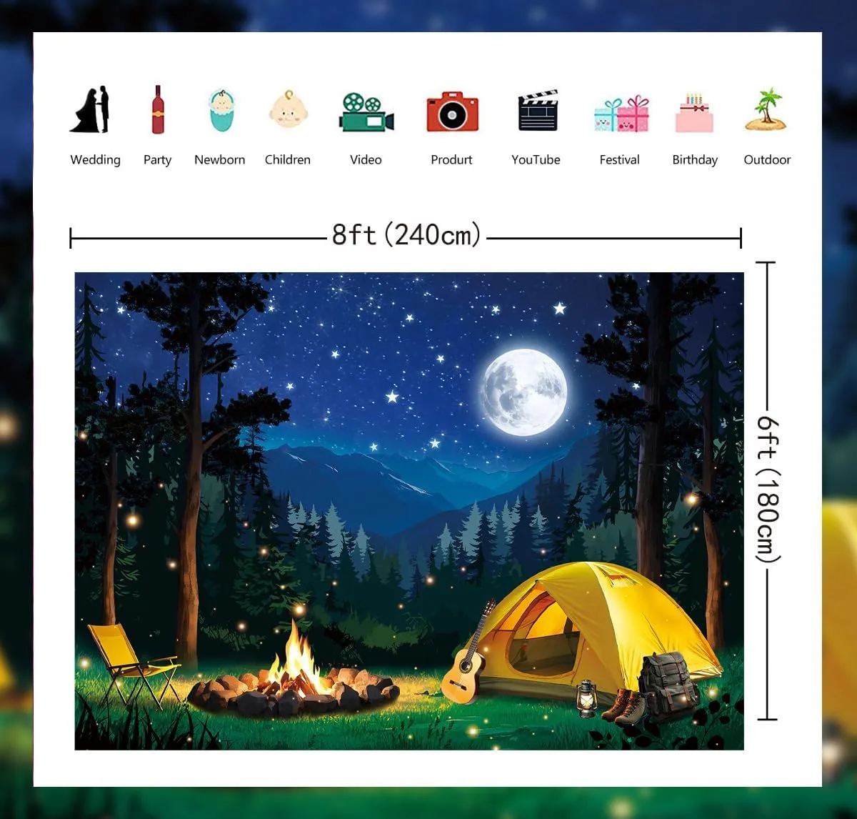 Forest Scene Camping Backdrop Night Campfire Tent Camping Adventure Photography Background for Children Adults Baby Shower Camper Party Decoration Banner Photo Props (8x6FT: 96x72 inch)
