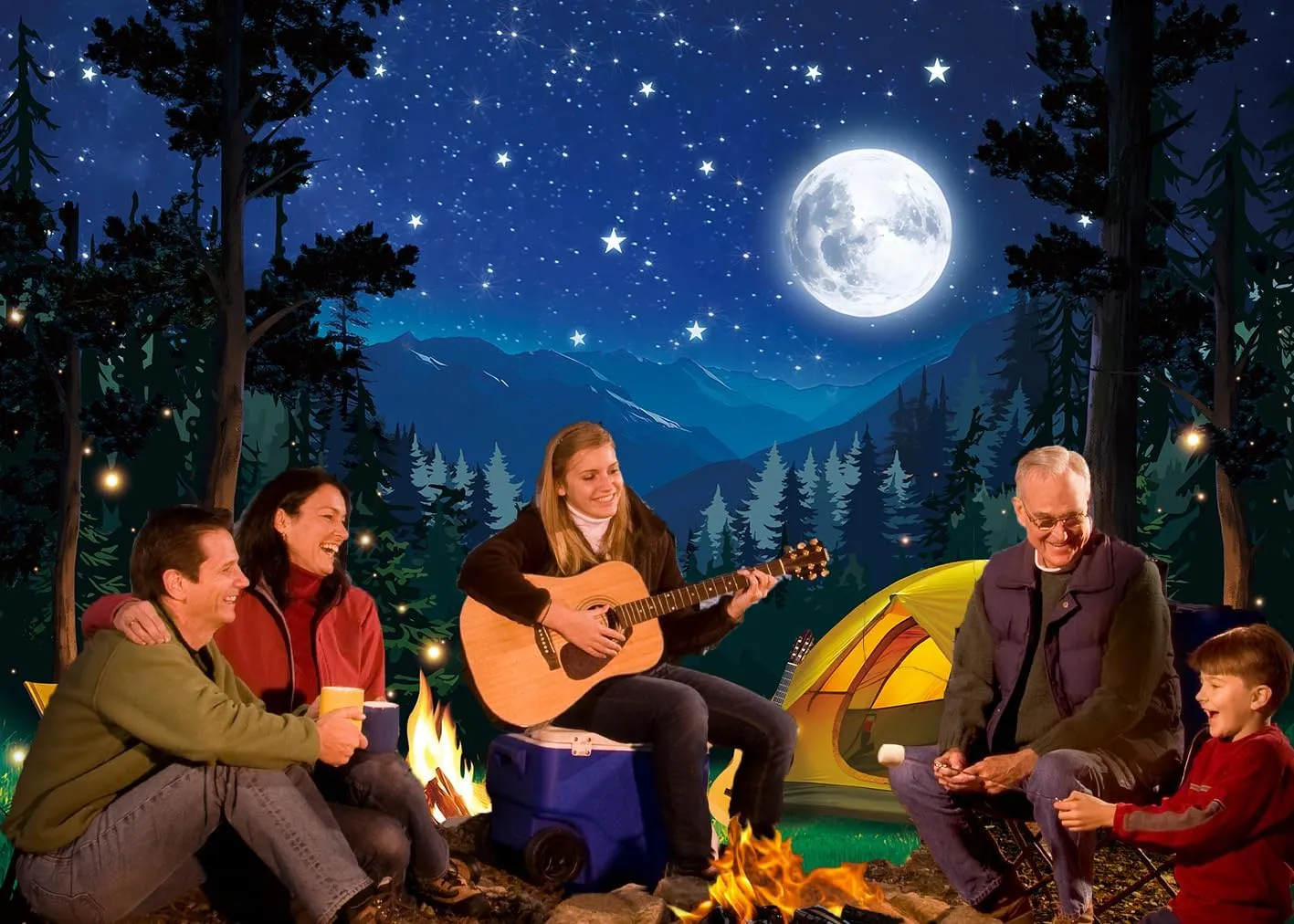 Forest Scene Camping Backdrop Night Campfire Tent Camping Adventure Photography Background for Children Adults Baby Shower Camper Party Decoration Banner Photo Props (8x6FT: 96x72 inch)