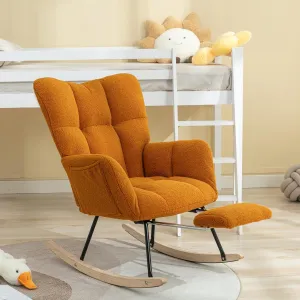 FOXHUNTER Rocking Chair Nursery with Foot Rest, Teddy Glider Rocking Chair for Nursery Upholstered Rocker Recliner Chair, Comfy Armchair Adjustable Footrest for Living Room Bedroom, Caramel Teddy