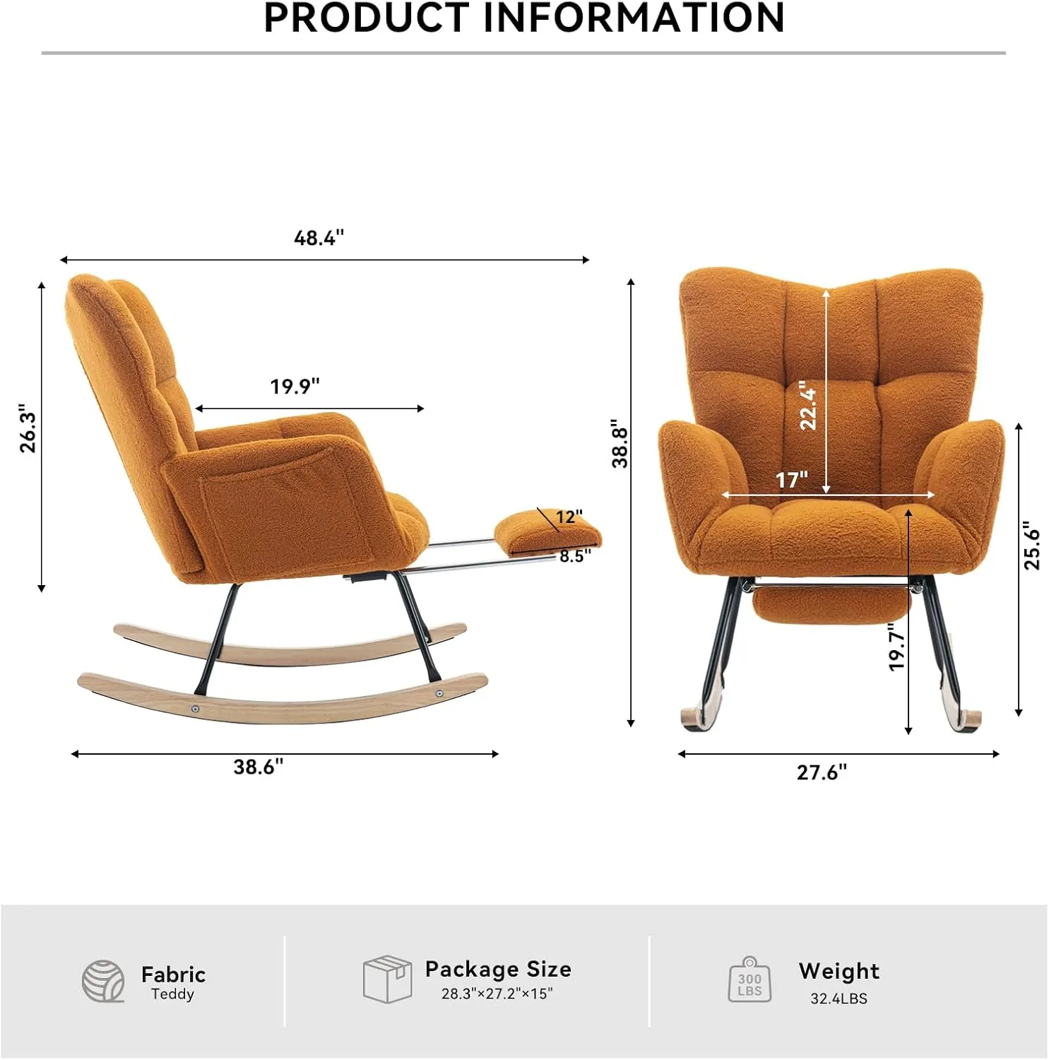 FOXHUNTER Rocking Chair Nursery with Foot Rest, Teddy Glider Rocking Chair for Nursery Upholstered Rocker Recliner Chair, Comfy Armchair Adjustable Footrest for Living Room Bedroom, Caramel Teddy