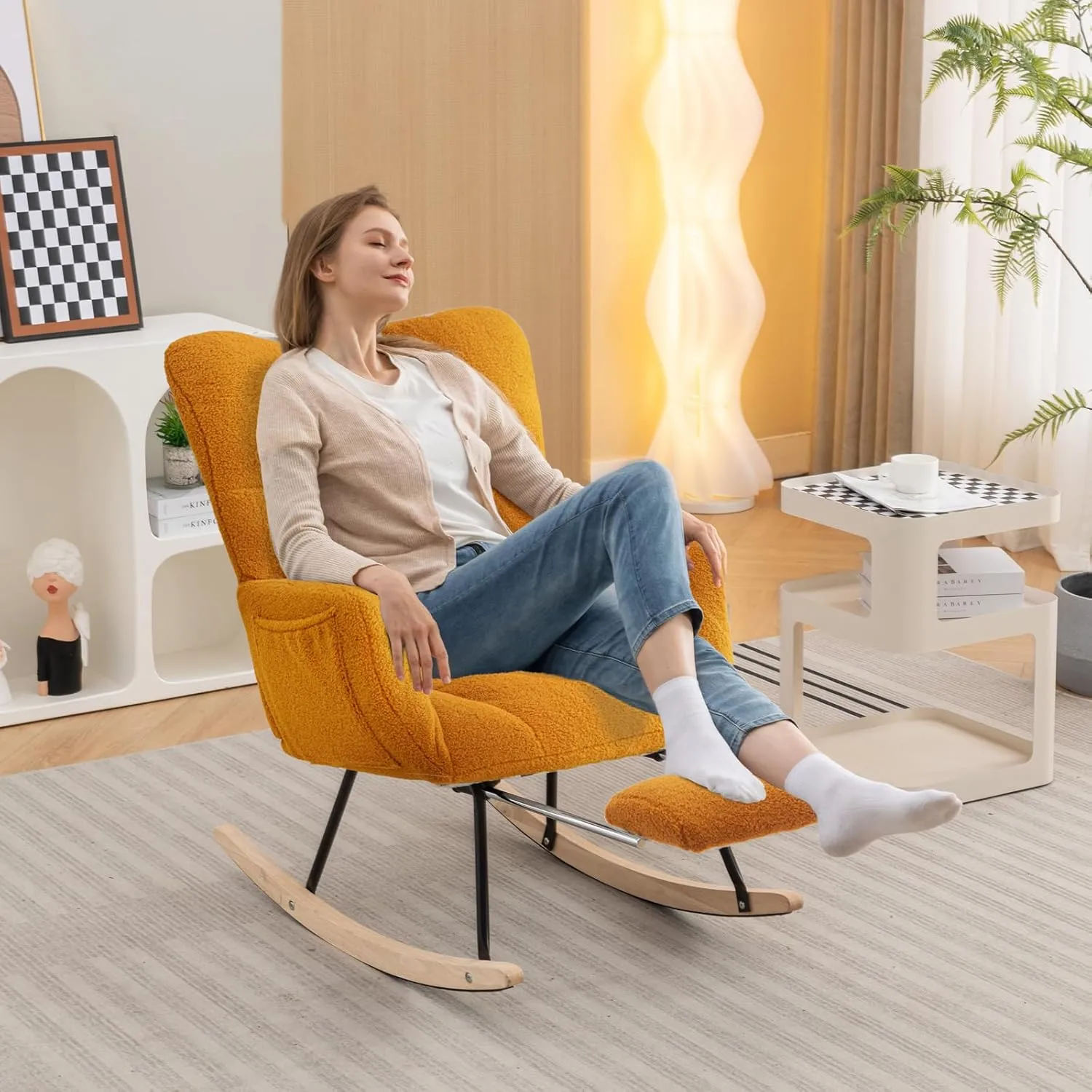 FOXHUNTER Rocking Chair Nursery with Foot Rest, Teddy Glider Rocking Chair for Nursery Upholstered Rocker Recliner Chair, Comfy Armchair Adjustable Footrest for Living Room Bedroom, Caramel Teddy