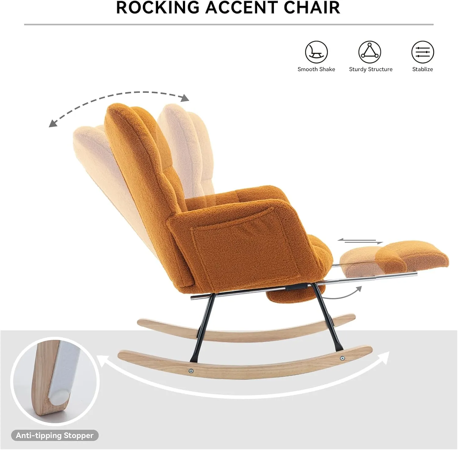 FOXHUNTER Rocking Chair Nursery with Foot Rest, Teddy Glider Rocking Chair for Nursery Upholstered Rocker Recliner Chair, Comfy Armchair Adjustable Footrest for Living Room Bedroom, Caramel Teddy
