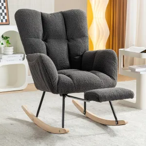 FOXHUNTER Rocking Chair Nursery with Foot Rest, Teddy Glider Rocking Chair for Nursery Upholstered Rocker Recliner Chair, Comfy Armchair Adjustable Footrest for Living Room Bedroom, Dark Gray Teddy