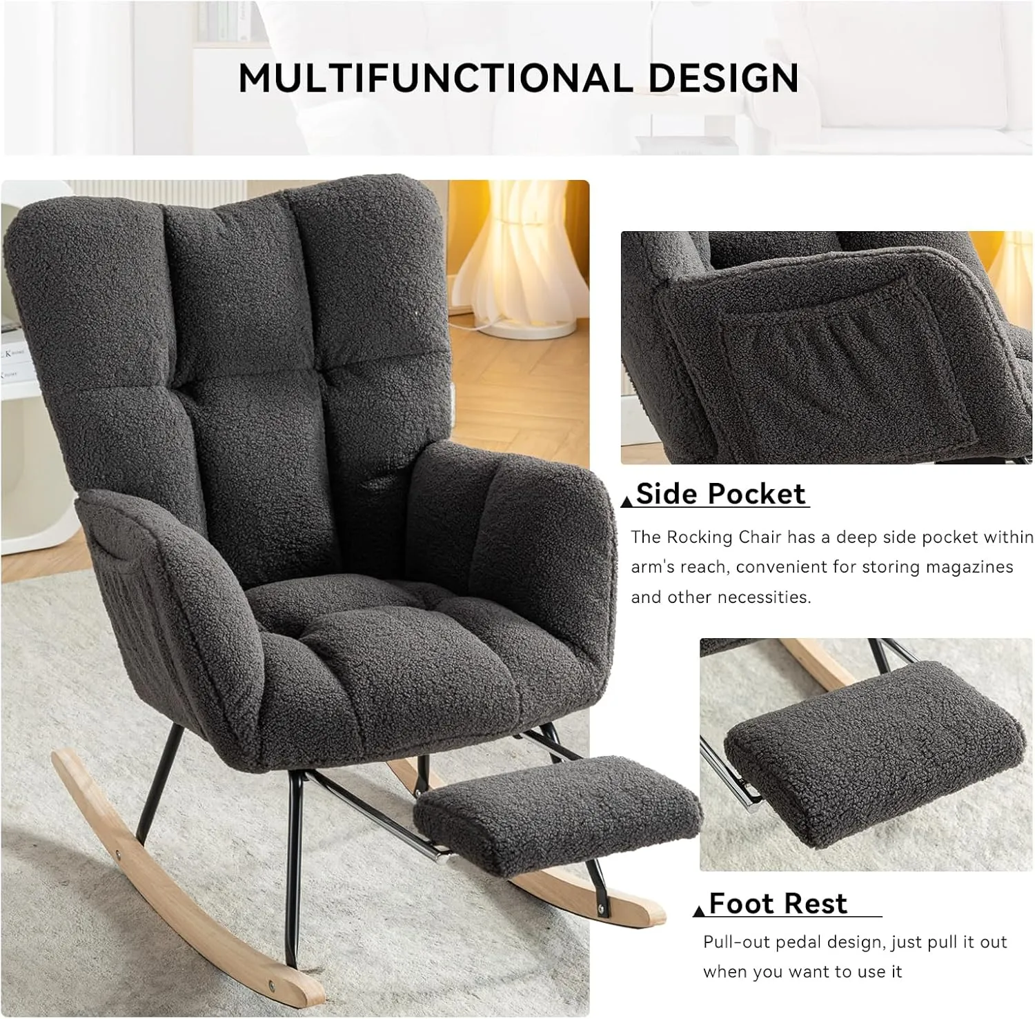 FOXHUNTER Rocking Chair Nursery with Foot Rest, Teddy Glider Rocking Chair for Nursery Upholstered Rocker Recliner Chair, Comfy Armchair Adjustable Footrest for Living Room Bedroom, Dark Gray Teddy