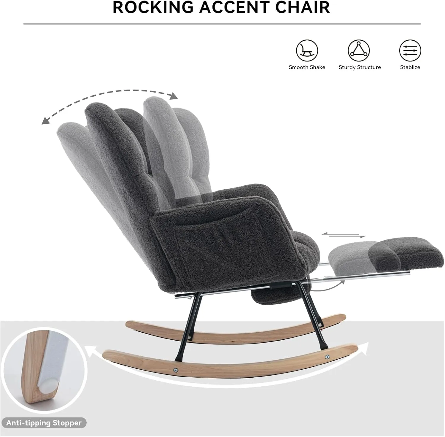 FOXHUNTER Rocking Chair Nursery with Foot Rest, Teddy Glider Rocking Chair for Nursery Upholstered Rocker Recliner Chair, Comfy Armchair Adjustable Footrest for Living Room Bedroom, Dark Gray Teddy