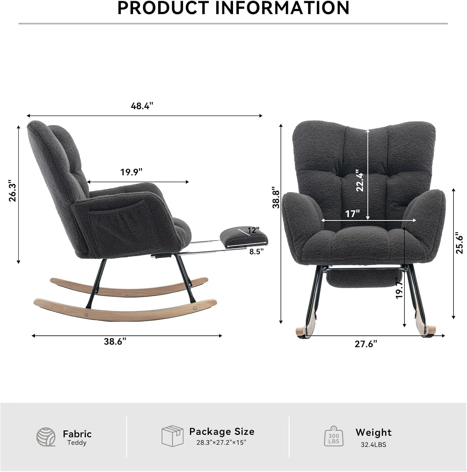 FOXHUNTER Rocking Chair Nursery with Foot Rest, Teddy Glider Rocking Chair for Nursery Upholstered Rocker Recliner Chair, Comfy Armchair Adjustable Footrest for Living Room Bedroom, Dark Gray Teddy