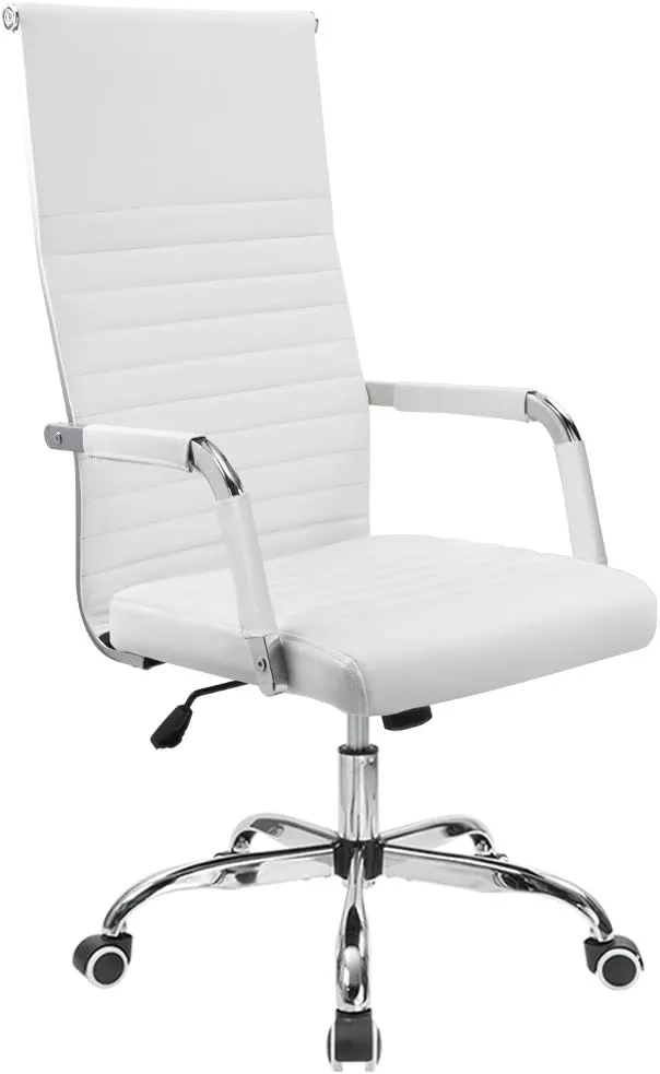 Furmax Ribbed Office Chair High Back PU Leather Executive Conference Chair Adjustable Swivel Chair with Arms (White)