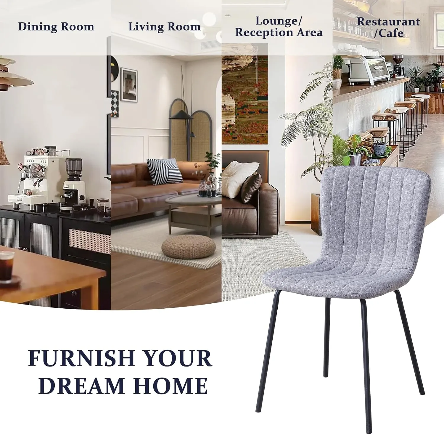 Furniliving Dining Chairs Set of 4, Modern Kitchen & Dining Room Chairs, Upholstered Armless Side Chair with Sturdy Metal Legs for Kitchen Living Room Restaurant(Grey)