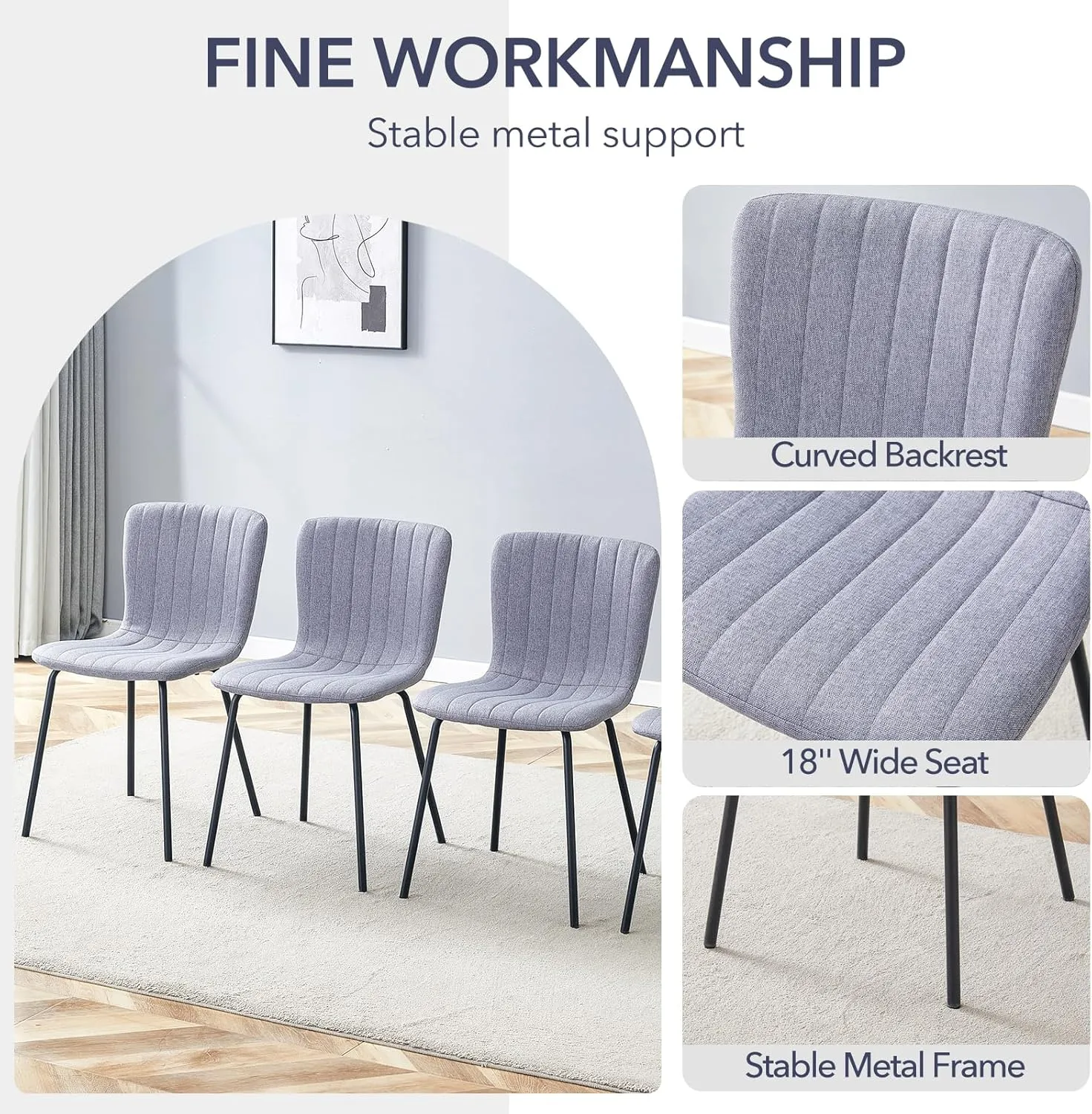 Furniliving Dining Chairs Set of 4, Modern Kitchen & Dining Room Chairs, Upholstered Armless Side Chair with Sturdy Metal Legs for Kitchen Living Room Restaurant(Grey)