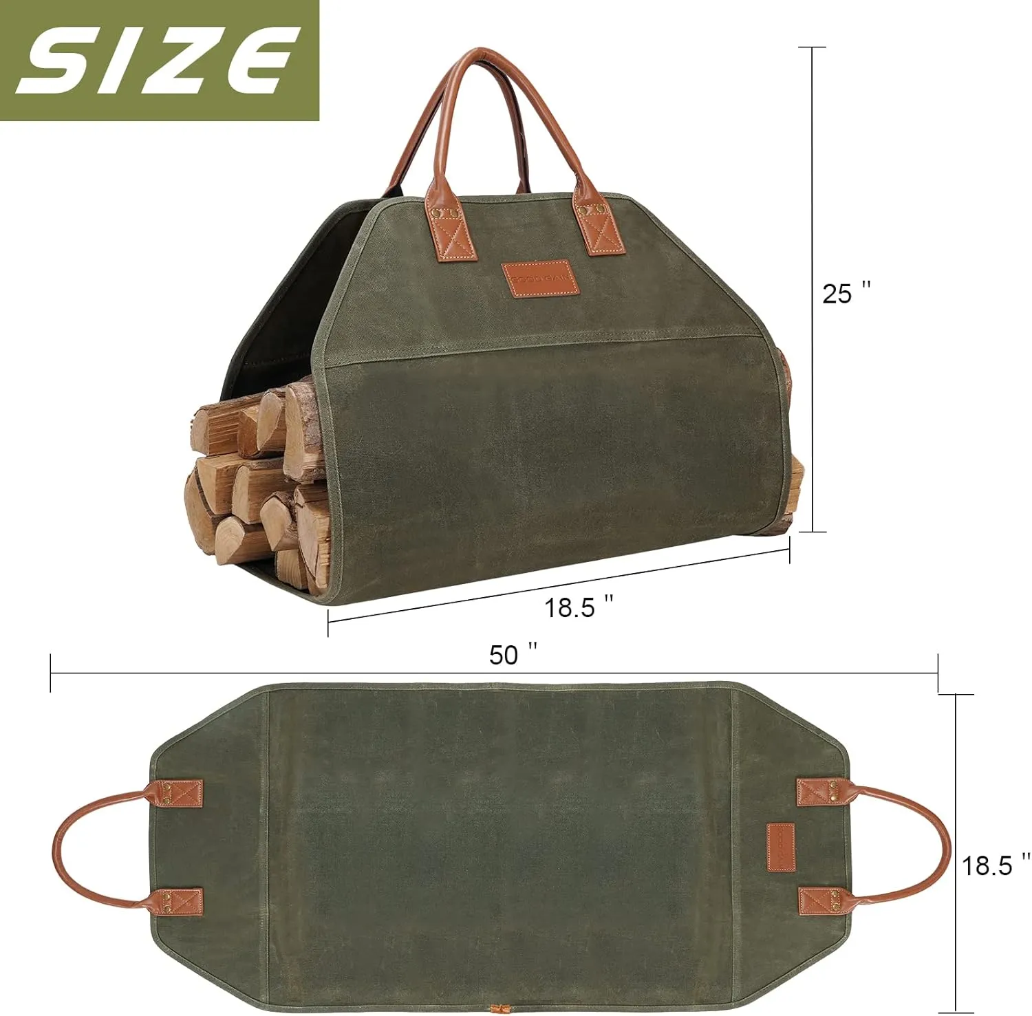 G GOOD GAIN Firewood Carrier Waxed Canvas with Handles, Wood Carrier for Firewood, 36x18.5 Inch Heavy Duty Firewood Storage Tote, Fireplace Log Carrier Indoor Bag, Wood Stove Accessories. Green