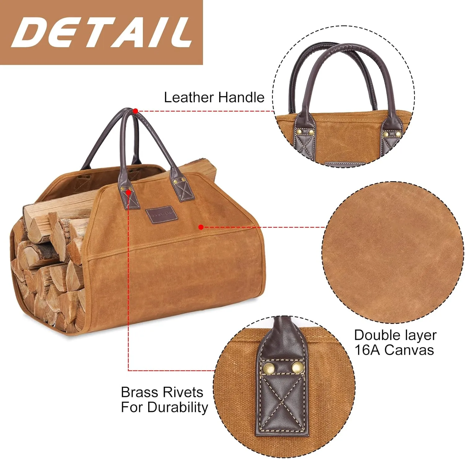 G GOOD GAIN Firewood Carrier Waxed Canvas with Leather Handles, Wood Carrier for Firewood, 36x18.5 in Heavy Duty Firewood Storage Tote, Fireplace Log Carrier Indoor Bag, Wood Stove Accessories. Khaki