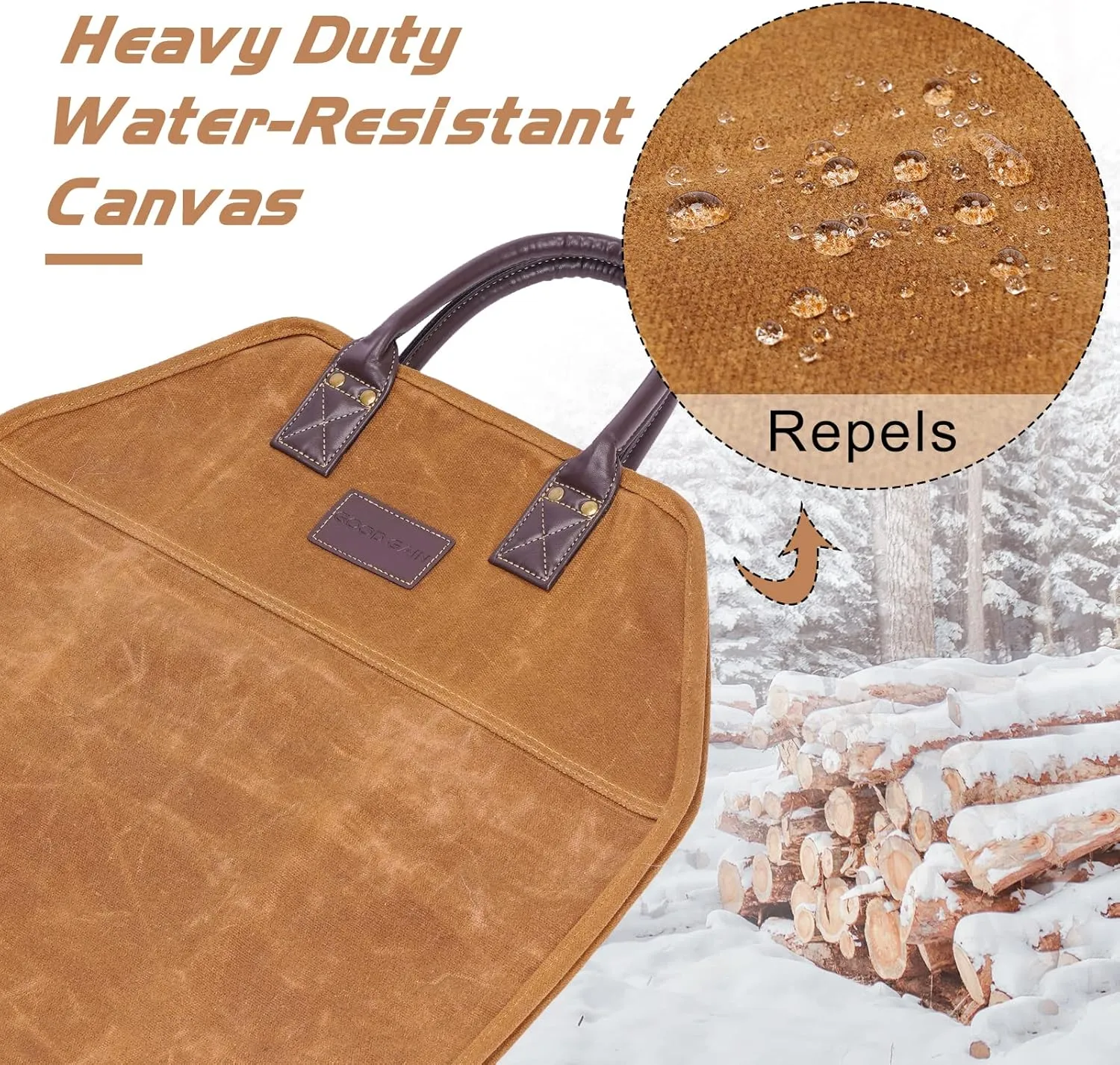 G GOOD GAIN Firewood Carrier Waxed Canvas with Leather Handles, Wood Carrier for Firewood, 36x18.5 in Heavy Duty Firewood Storage Tote, Fireplace Log Carrier Indoor Bag, Wood Stove Accessories. Khaki