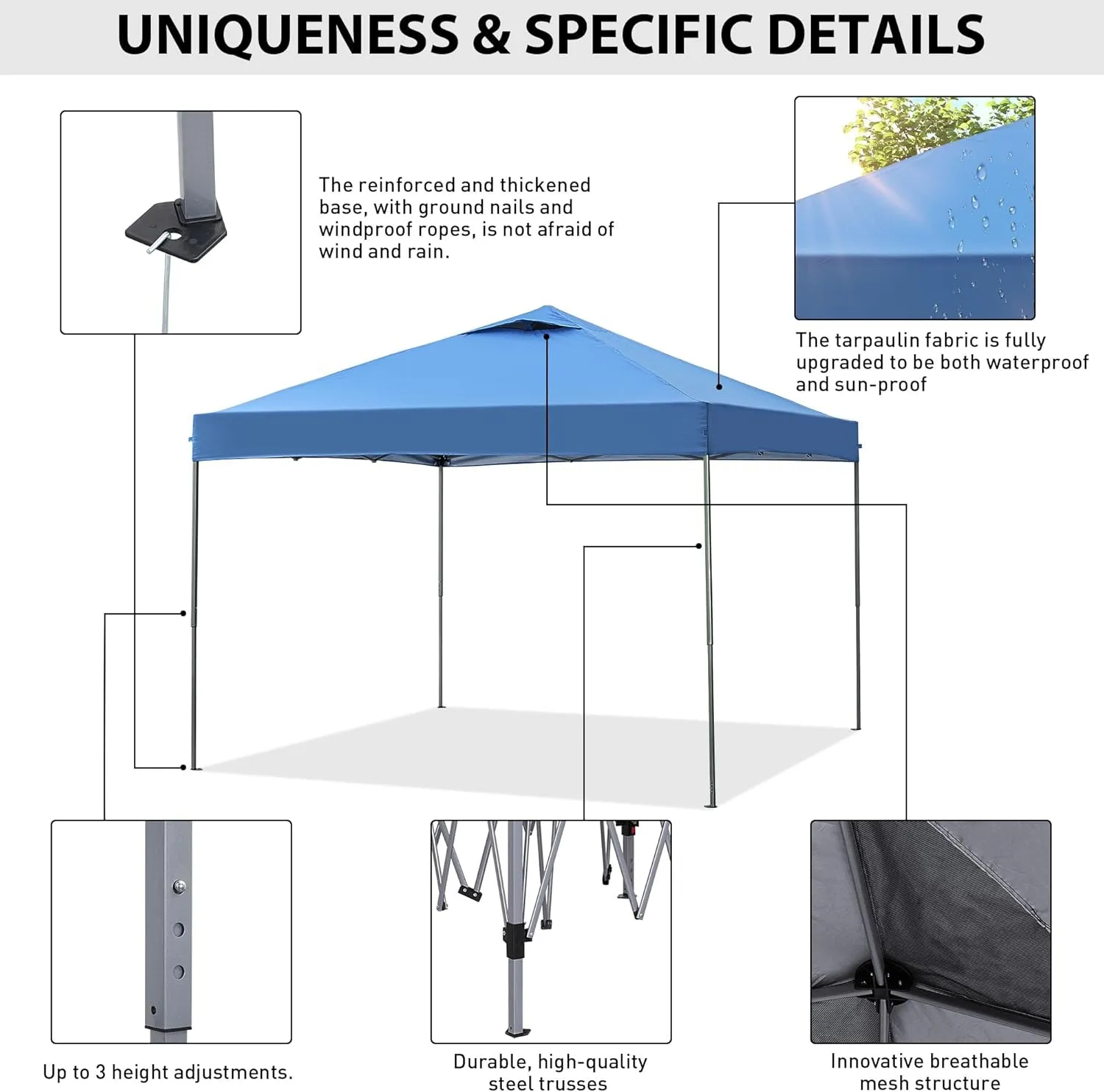 GDY 10'x10' Pop Up Canopy Tent, Portable Gazebo, Outdoor Canopy for Events, Parties, Camping, Blue.