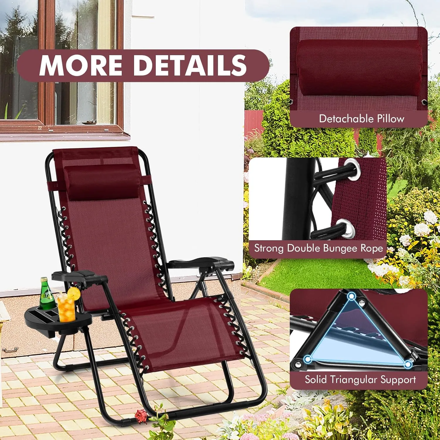Giantex 2 PCS Zero Gravity Chair, Outdoor Chaise Lounge with Cup Holder, Patio Folding Chairs Recliner for Yard Pool Lawn Balcony, Burgundy