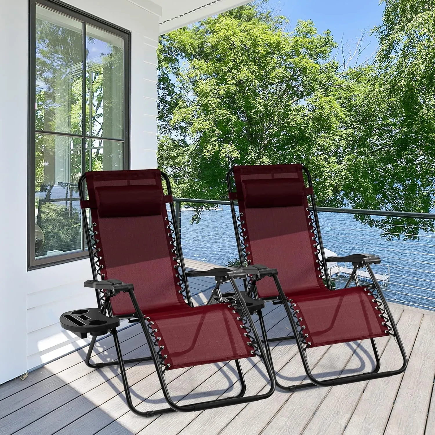 Giantex 2 PCS Zero Gravity Chair, Outdoor Chaise Lounge with Cup Holder, Patio Folding Chairs Recliner for Yard Pool Lawn Balcony, Burgundy