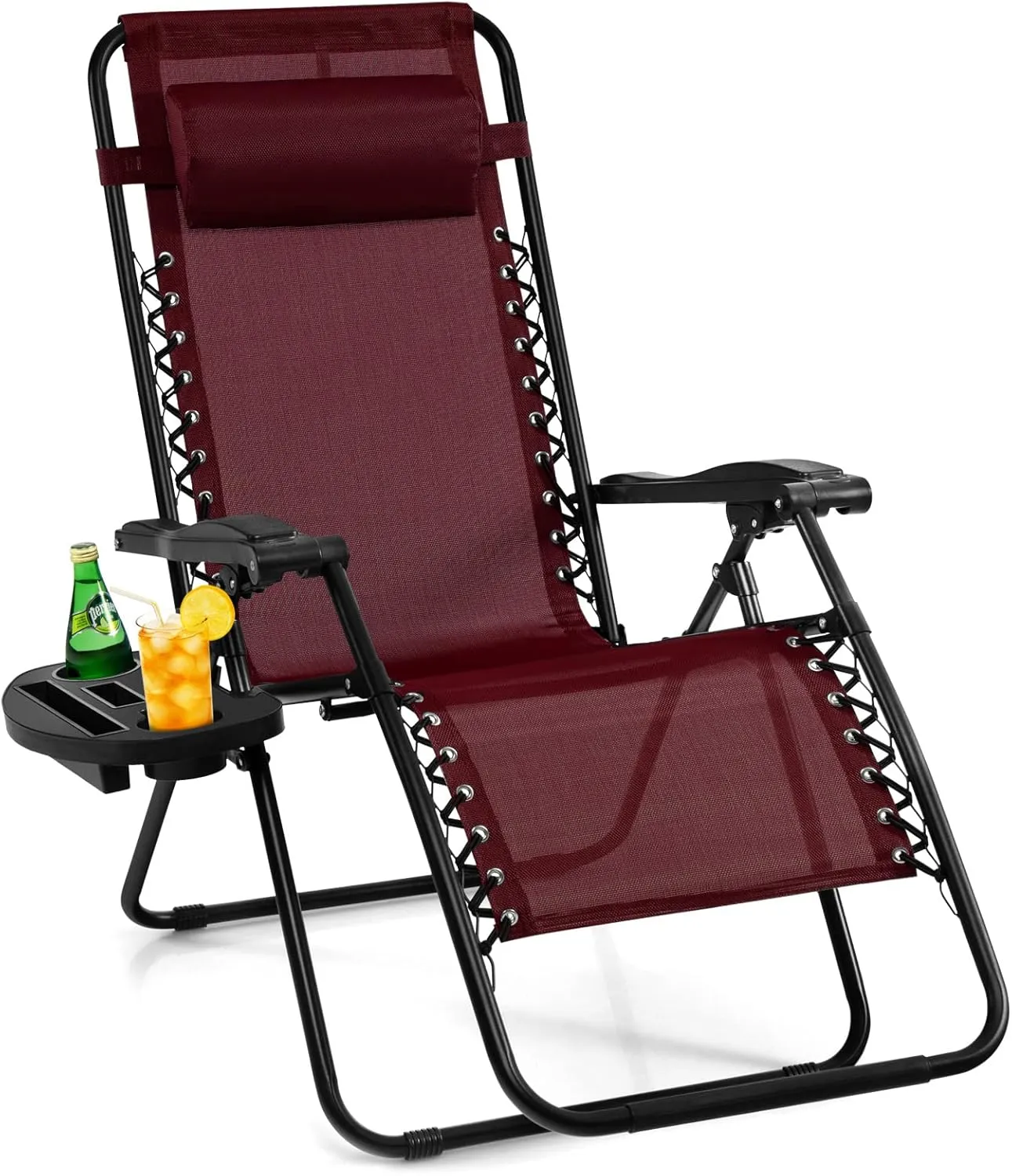 Giantex 2 PCS Zero Gravity Chair, Outdoor Chaise Lounge with Cup Holder, Patio Folding Chairs Recliner for Yard Pool Lawn Balcony, Burgundy