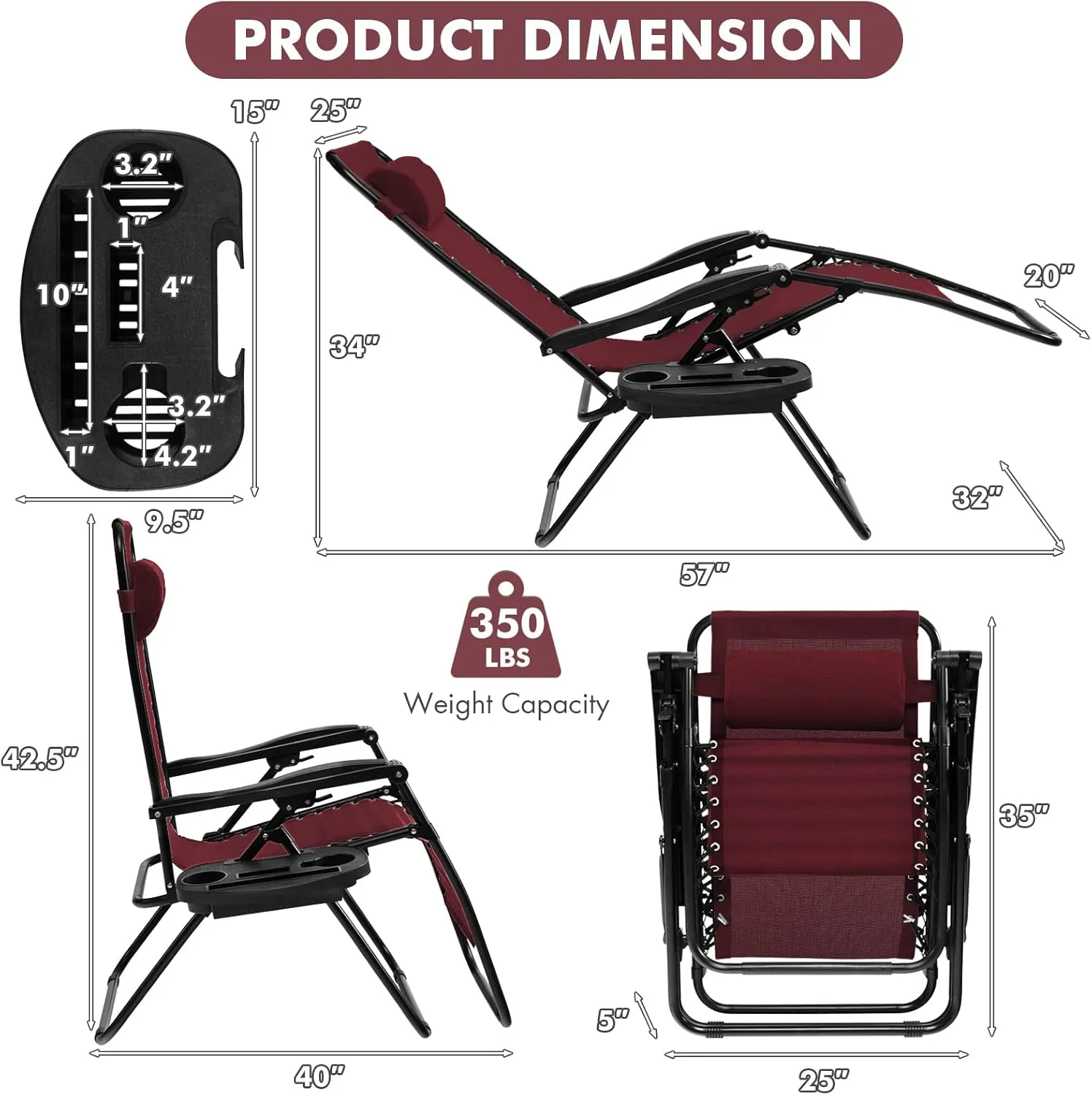 Giantex 2 PCS Zero Gravity Chair, Outdoor Chaise Lounge with Cup Holder, Patio Folding Chairs Recliner for Yard Pool Lawn Balcony, Burgundy