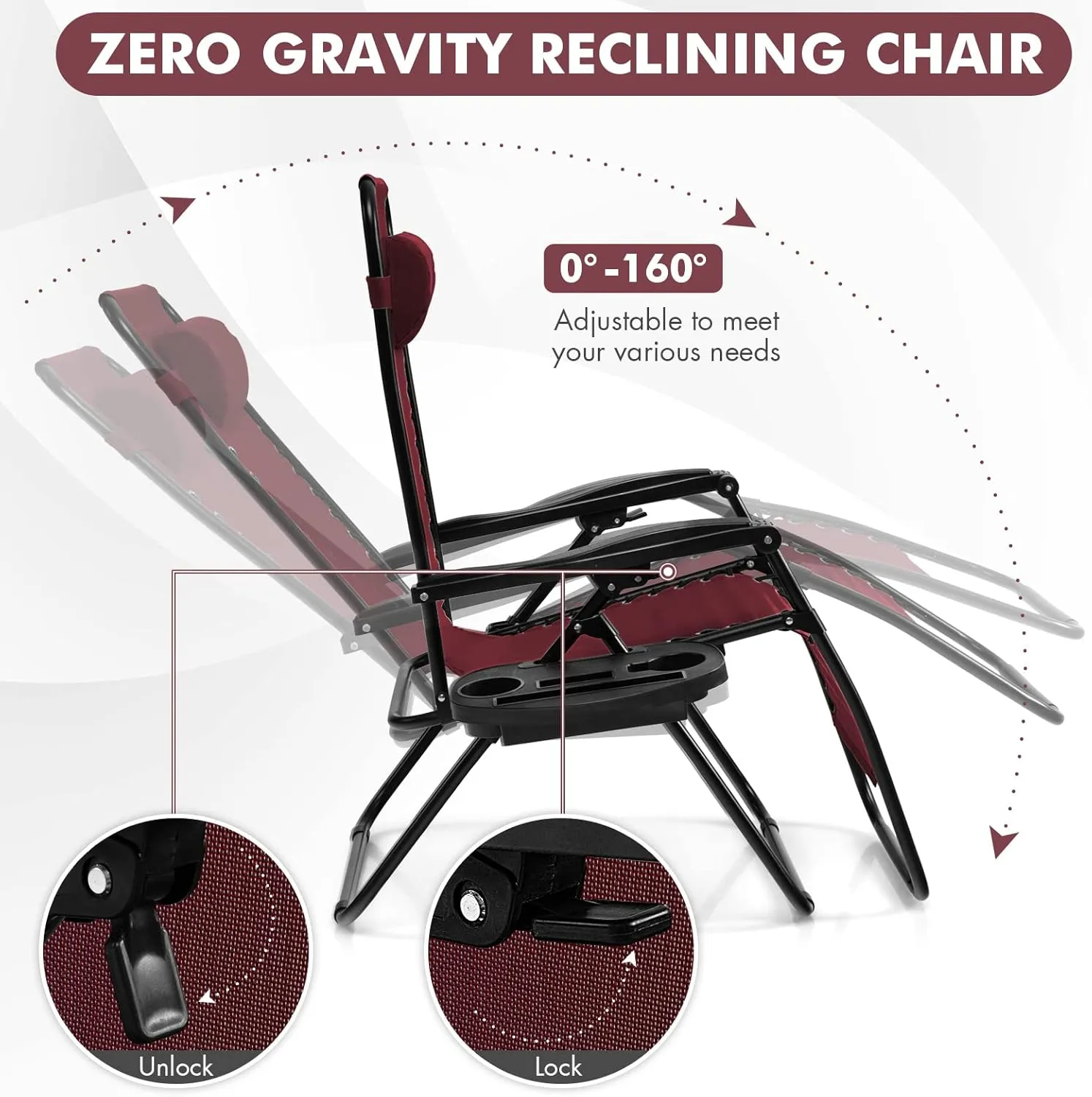 Giantex 2 PCS Zero Gravity Chair, Outdoor Chaise Lounge with Cup Holder, Patio Folding Chairs Recliner for Yard Pool Lawn Balcony, Burgundy