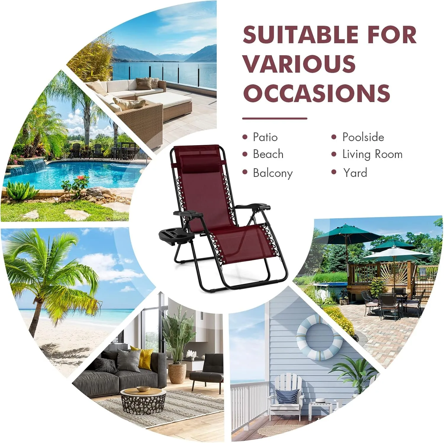 Giantex 2 PCS Zero Gravity Chair, Outdoor Chaise Lounge with Cup Holder, Patio Folding Chairs Recliner for Yard Pool Lawn Balcony, Burgundy