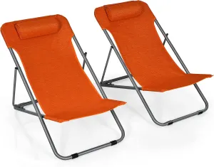 Giantex Beach Chair for Adults Camping Chair Set, Sunbathing Backpack Folding Recliner with 3 Adjustable Position, Lockable System, Headrest, Non-Slip Foot Pads, Lightweight Sand Chair (2, Orange)