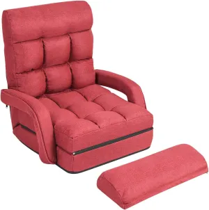 Giantex Folding Lazy Sofa Floor Chair, Indoor Chaise Lounger Bed with 6 Adjustable Position, Pillow, Living Room Lounge Couch(Red)