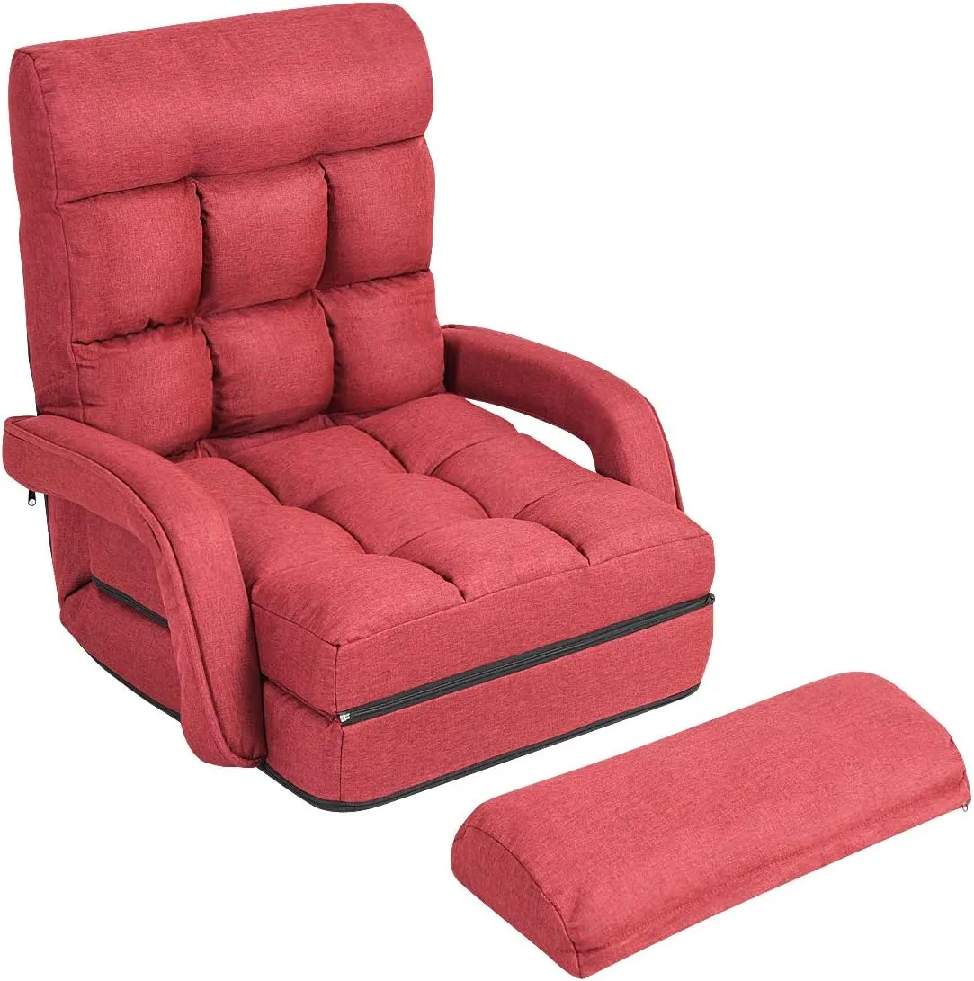 Giantex Folding Lazy Sofa Floor Chair, Indoor Chaise Lounger Bed with 6 Adjustable Position, Pillow, Living Room Lounge Couch(Red)