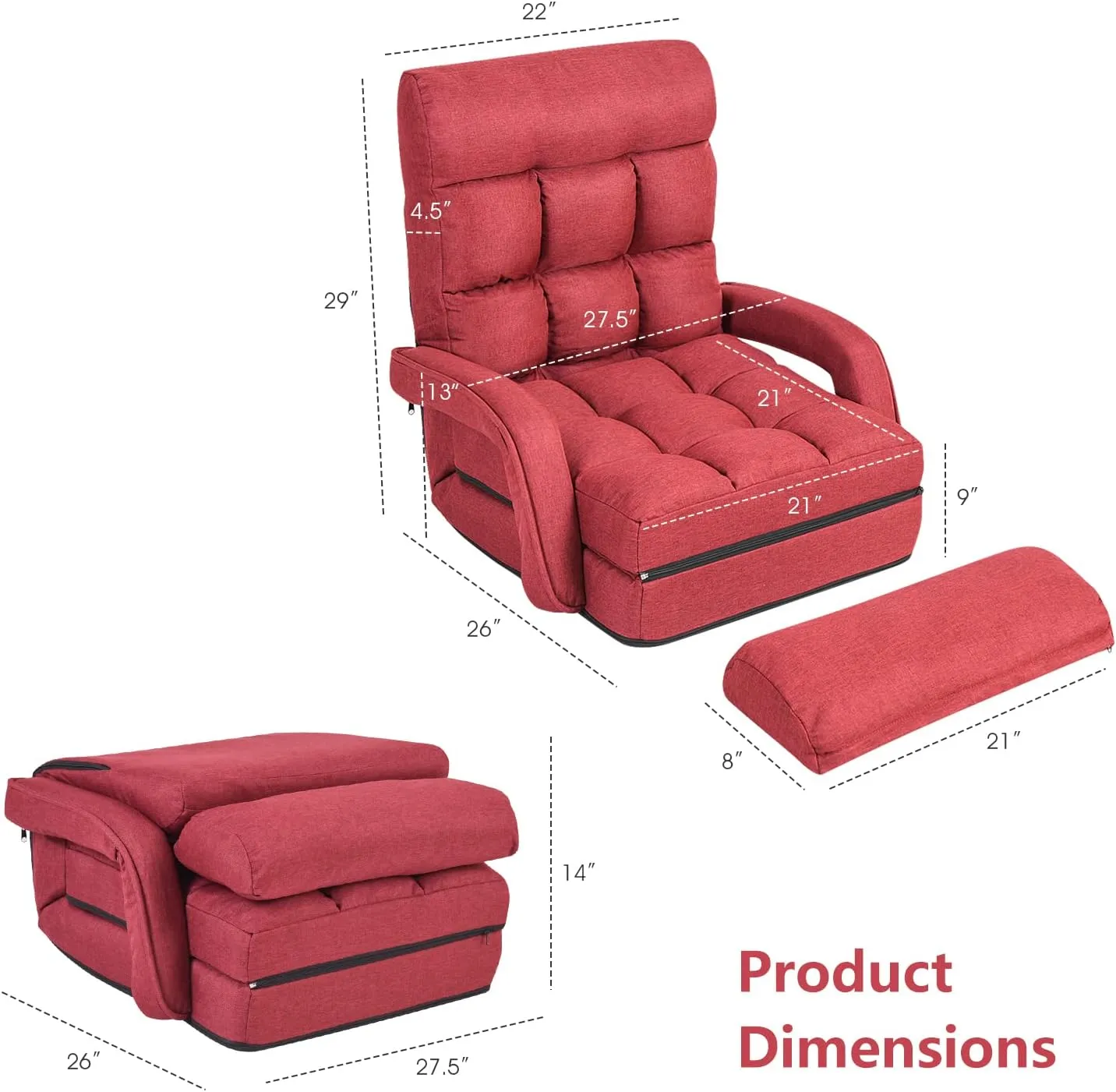 Giantex Folding Lazy Sofa Floor Chair, Indoor Chaise Lounger Bed with 6 Adjustable Position, Pillow, Living Room Lounge Couch(Red)