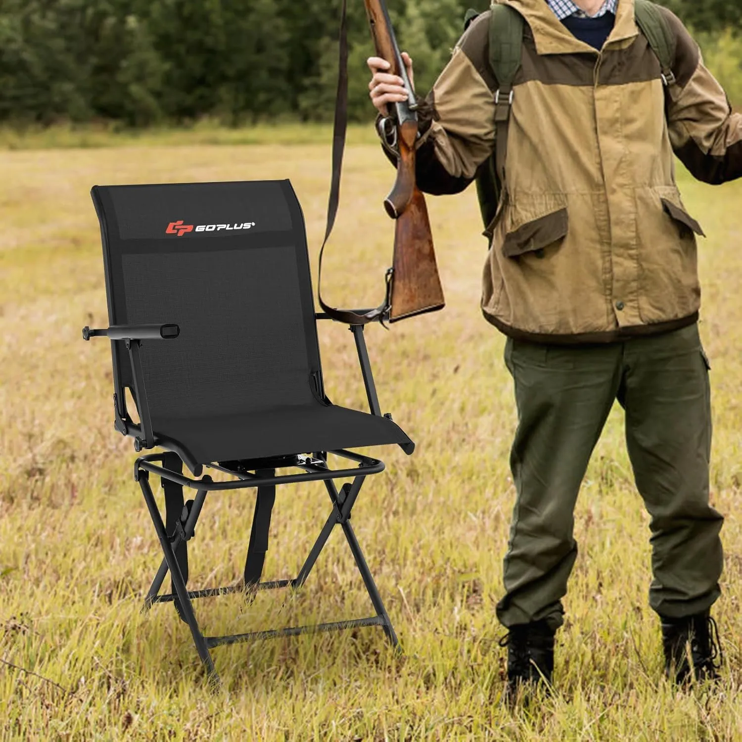 Goplus Hunting Chair, 360°Swivel Hunting Blind Chair with Carrying Strap,330LBS Capacity, Folding Silent Deer Hunting Chair, Portable Ground Blind Chair for Fishing Camping, Black