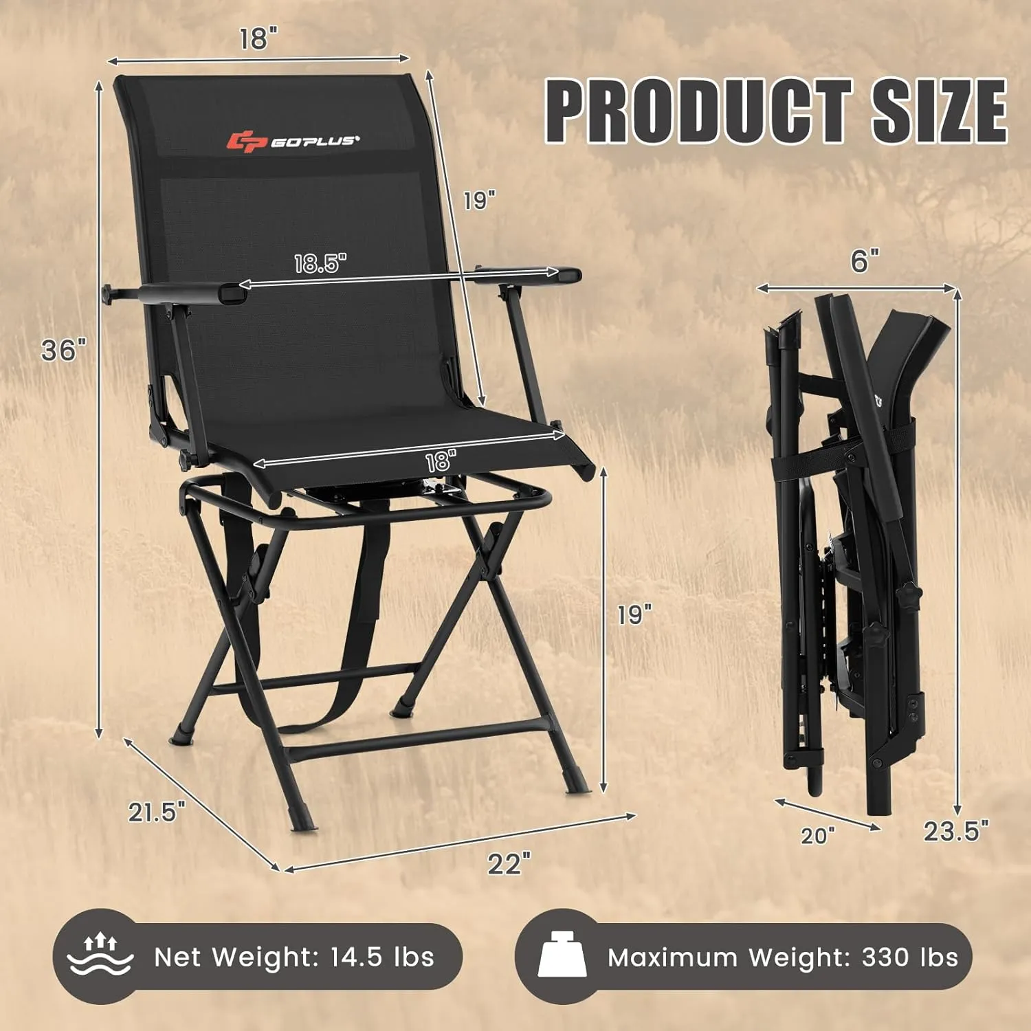 Goplus Hunting Chair, 360°Swivel Hunting Blind Chair with Carrying Strap,330LBS Capacity, Folding Silent Deer Hunting Chair, Portable Ground Blind Chair for Fishing Camping, Black