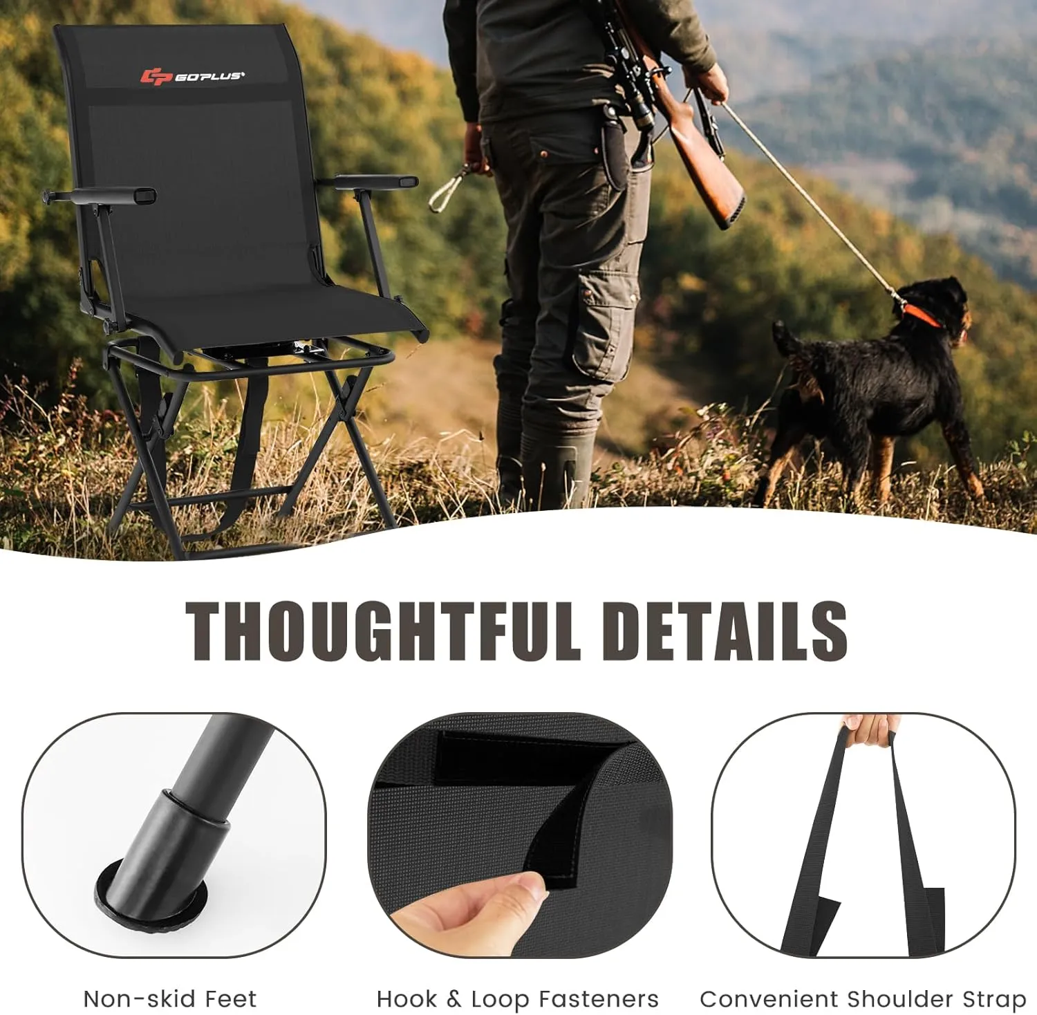 Goplus Hunting Chair, 360°Swivel Hunting Blind Chair with Carrying Strap,330LBS Capacity, Folding Silent Deer Hunting Chair, Portable Ground Blind Chair for Fishing Camping, Black
