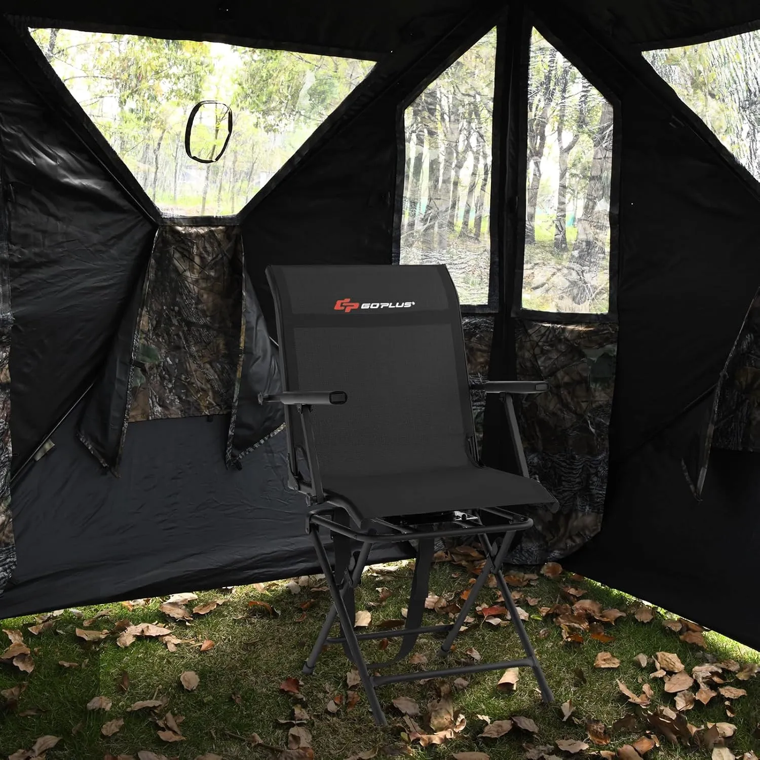 Goplus Hunting Chair, 360°Swivel Hunting Blind Chair with Carrying Strap,330LBS Capacity, Folding Silent Deer Hunting Chair, Portable Ground Blind Chair for Fishing Camping, Black
