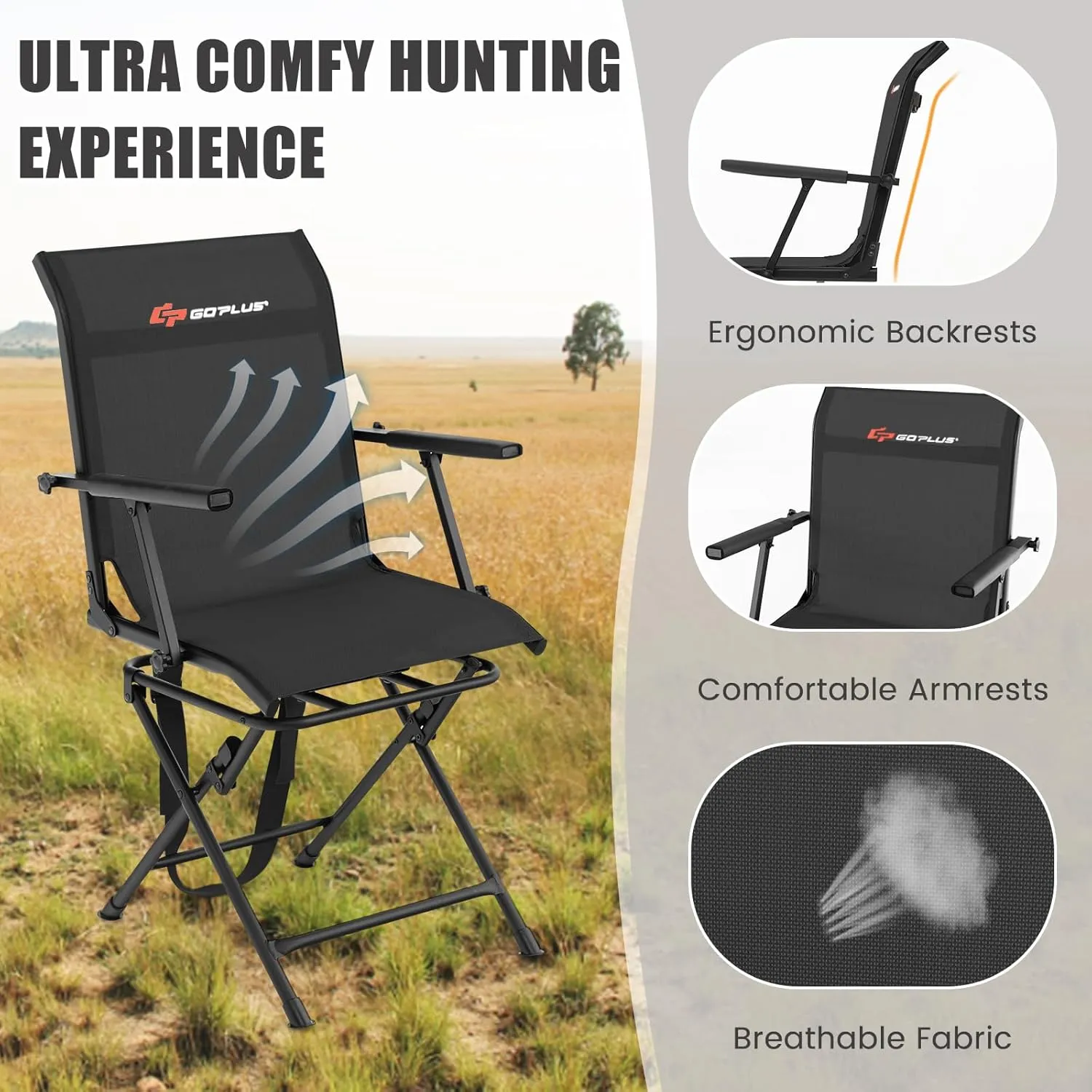 Goplus Hunting Chair, 360°Swivel Hunting Blind Chair with Carrying Strap,330LBS Capacity, Folding Silent Deer Hunting Chair, Portable Ground Blind Chair for Fishing Camping, Black