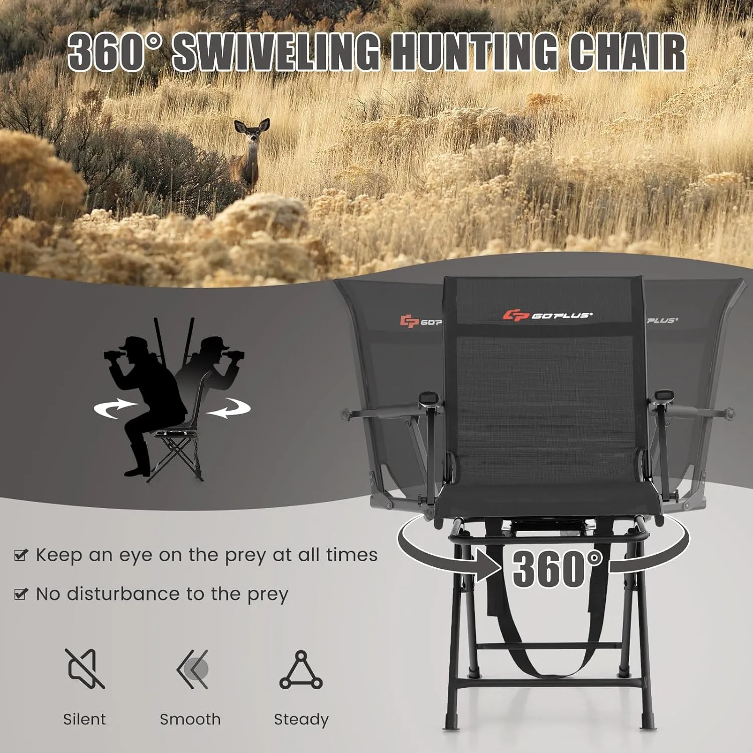 Goplus Hunting Chair, 360°Swivel Hunting Blind Chair with Carrying Strap,330LBS Capacity, Folding Silent Deer Hunting Chair, Portable Ground Blind Chair for Fishing Camping, Black