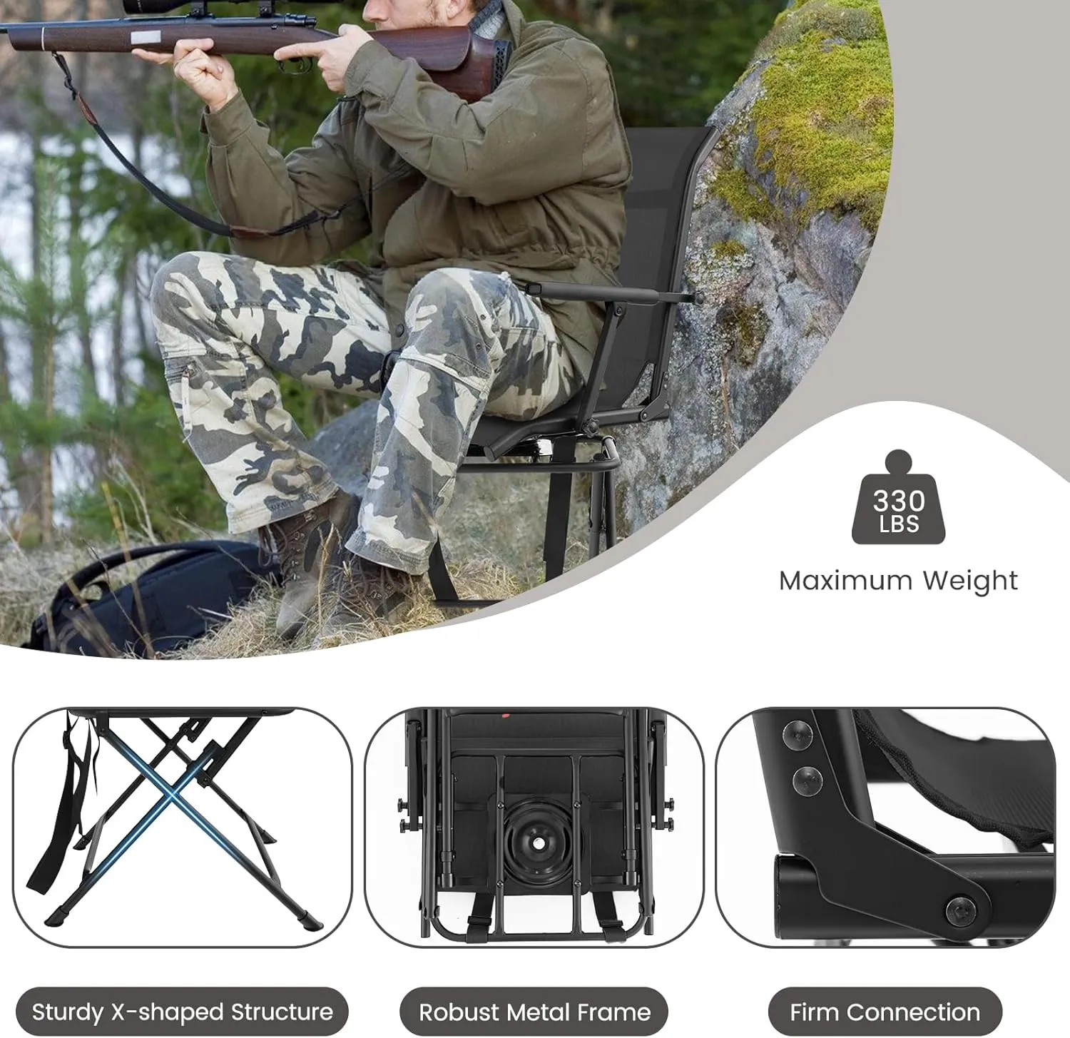 Goplus Hunting Chair, 360°Swivel Hunting Blind Chair with Carrying Strap,330LBS Capacity, Folding Silent Deer Hunting Chair, Portable Ground Blind Chair for Fishing Camping, Black